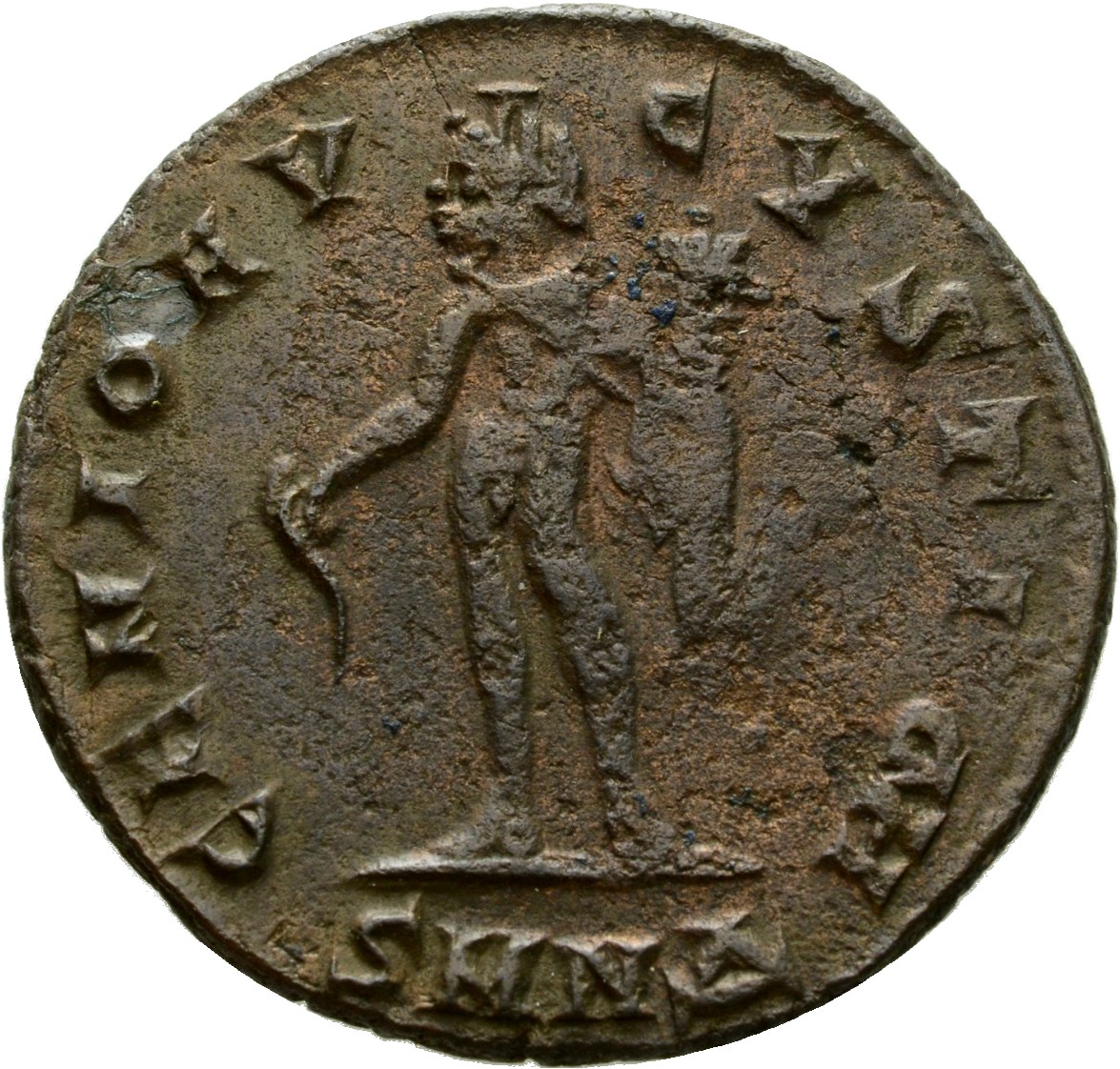 RIC VI Nicomedia 66b Galerius reverse, Genius, wearing modius, nude, chlamys draped over left shoulder, standing left, pou...