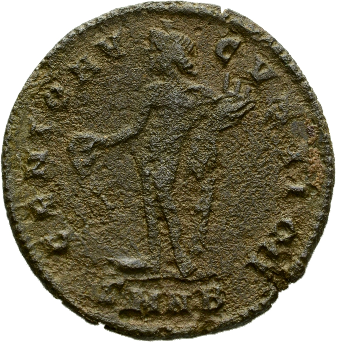 RIC VI Nicomedia 66c Galerius reverse, Genius, wearing modius, nude, chlamys draped over left shoulder, standing left, pou...