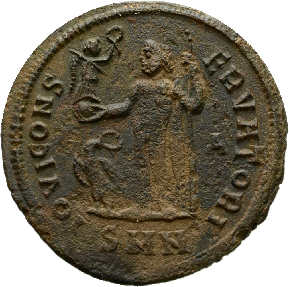 RIC VI Nicomedia 69a Maximinus Daia reverse, Jupiter, chlamys hanging behind, standing left, holding Victory on globe in r...