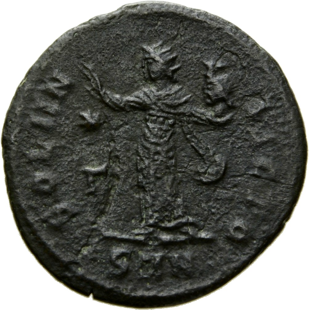 RIC VI Nicomedia 77b Maximinus Daia reverse, Sol, radiate, draped, standing left, raising right hand and holding head of S...