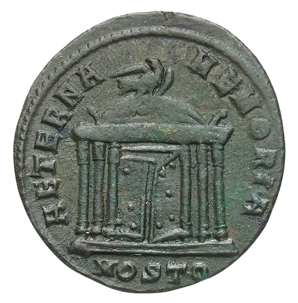 RIC VI Ostia 25 Maxentius reverse, Eagle, wings spread, standing right on domed hexastyle shrine, right door ajar