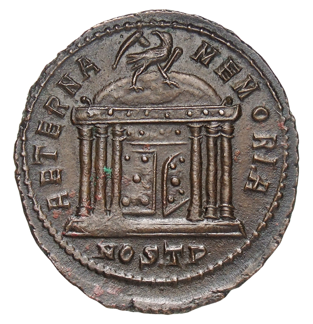 RIC VI Ostia 26 Maxentius reverse, Eagle, wings spread, standing right on domed hexastyle shrine, right door ajar