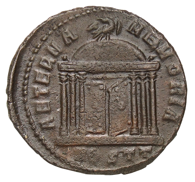 RIC VI Ostia 30 Maxentius reverse, Eagle, wings spread, standing right on domed hexastyle shrine, right door ajar
