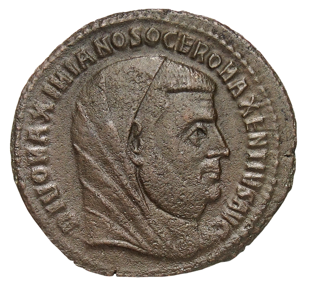 RIC VI Ostia 30 Maxentius obverse, Head of Galerius, veiled, right