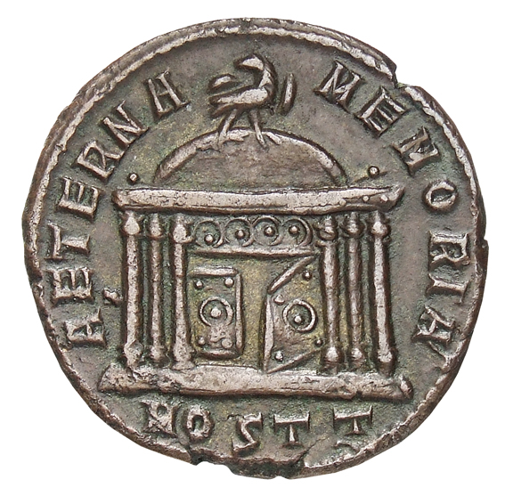 RIC VI Ostia 31 Maxentius reverse, Eagle, wings spread, standing right on domed hexastyle shrine, right door ajar