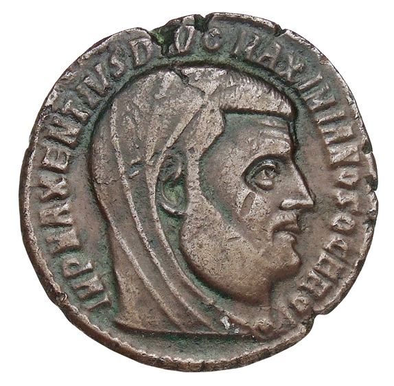 RIC VI Ostia 31 Maxentius obverse, Head of Galerius, veiled, right