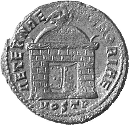 RIC VI Ostia 34 Maxentius reverse, Eagle, wings spread, standing right on domed shrine, right door ajar