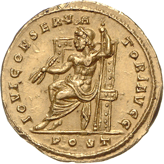 RIC VI Ostia 66 Constantine I reverse, Jupiter, nude to waist, seated left on throne, holding thunderbolt in right hand an...