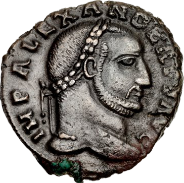 RIC VI Ostia 73 Constantine I obverse — Bust of Constantine I, laureate, draped, right, seen from behind