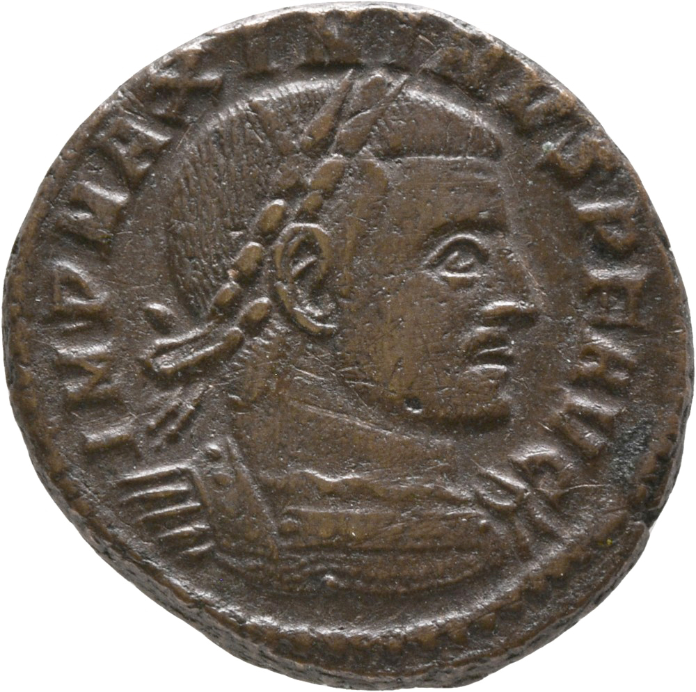 RIC VI Ostia 75a Constantine I obverse, Bust of Maximinus Daia, laureate, cuirassed, right