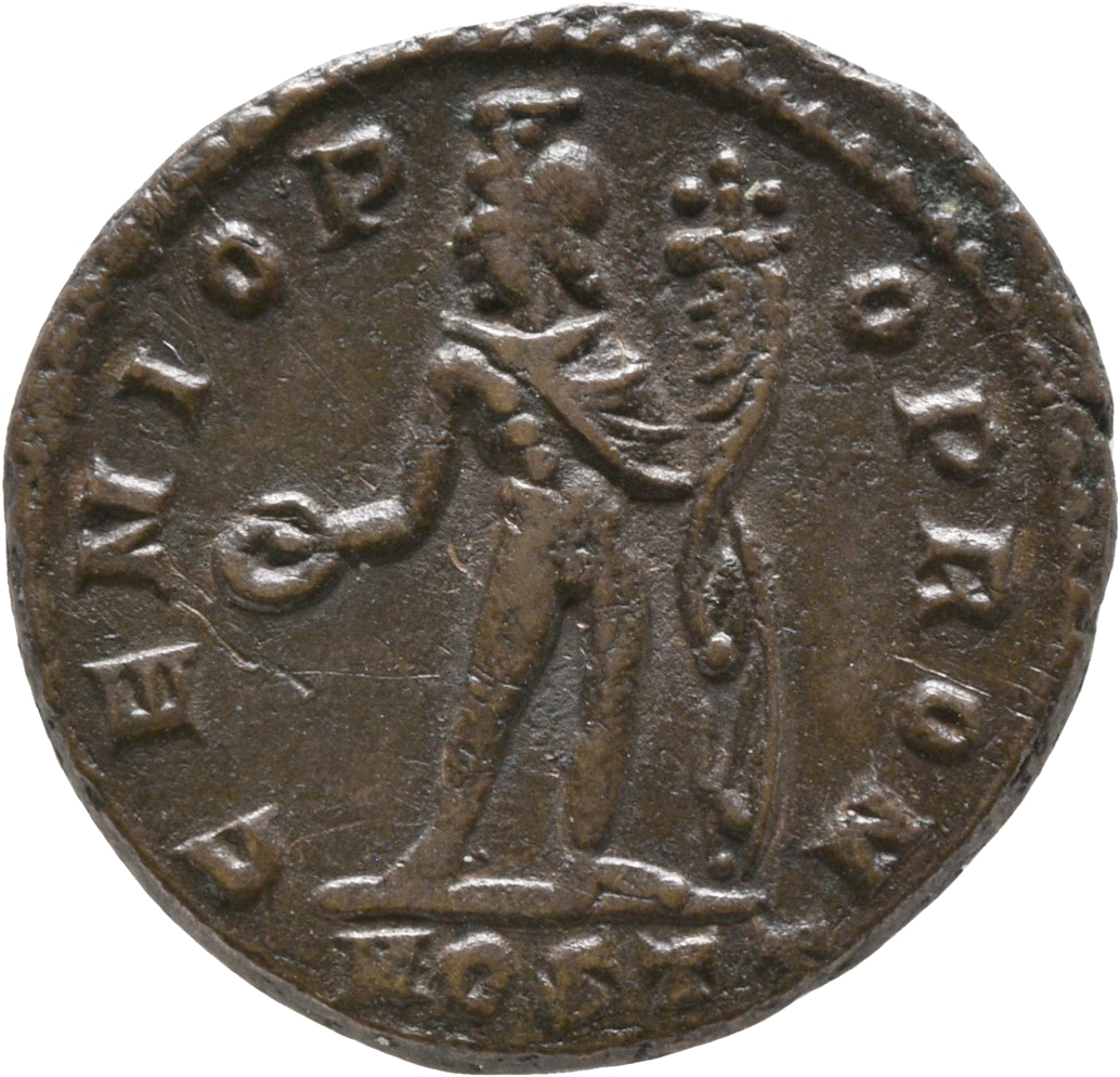 RIC VI Ostia 75a Constantine I reverse, Genius, wearing modius, nude, chlamys draped over left shoulder, standing left, ho...