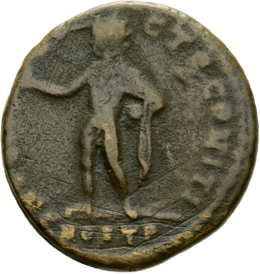 Constantine I reverse — Sol, chlamys hanging behind (occasionally flying out), standing left (or standing front, head left), raising right hand and holding globe close to body in left hand