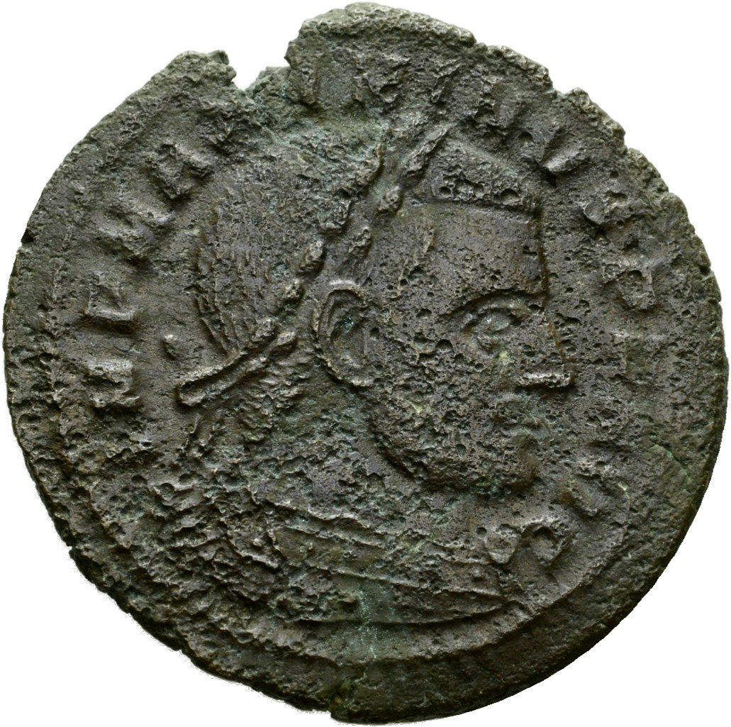 Constantine I obverse — Bust of Maximinus Daia, laureate, cuirassed, right