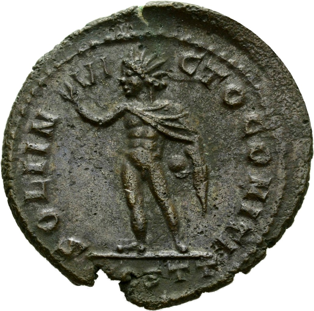 Constantine I reverse — Sol, chlamys hanging behind (occasionally flying out), standing left (or standing front, head left), raising right hand and holding globe close to body in left hand
