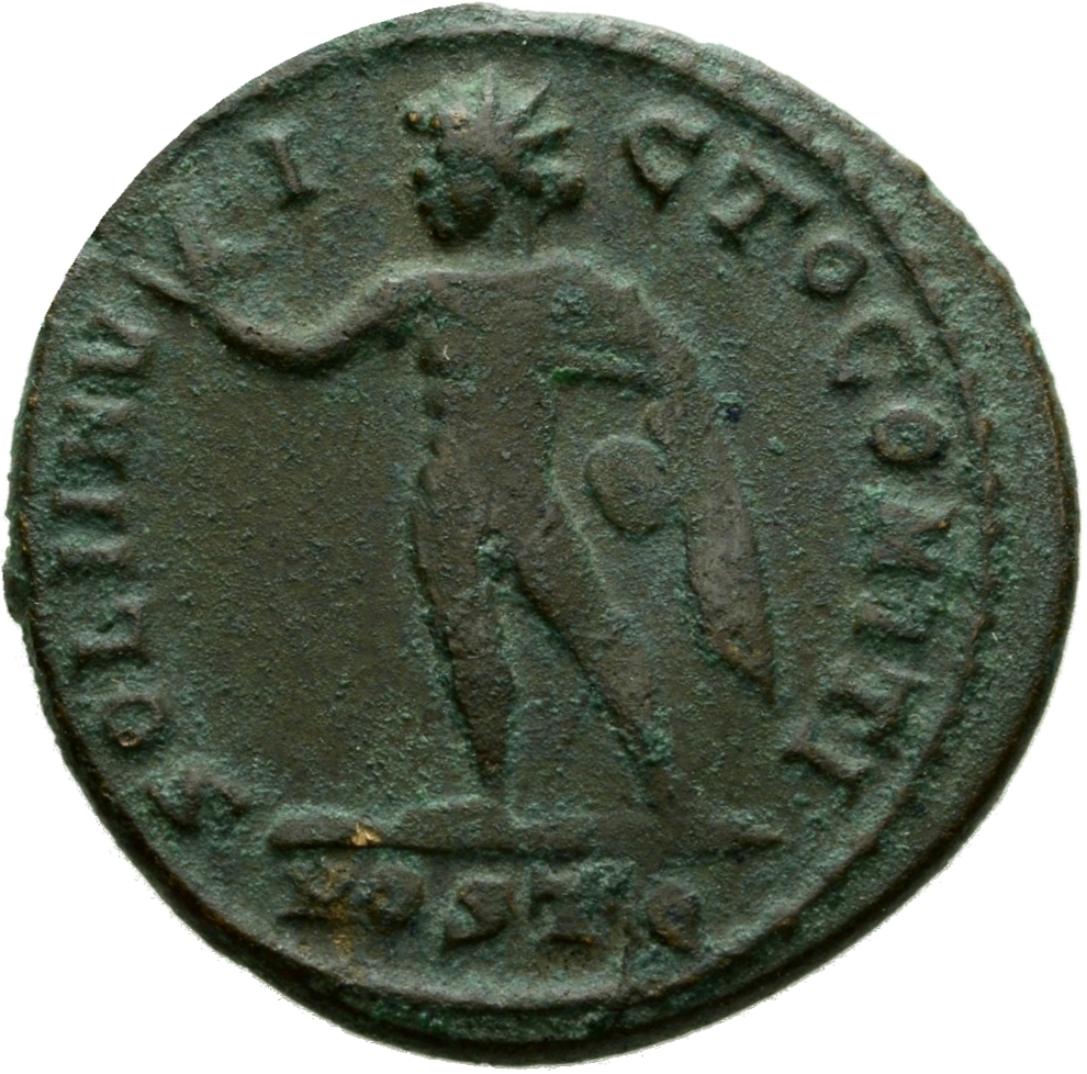 Constantine I reverse — Sol, chlamys hanging behind (occasionally flying out), standing left (or standing front, head left), raising right hand and holding globe close to body in left hand