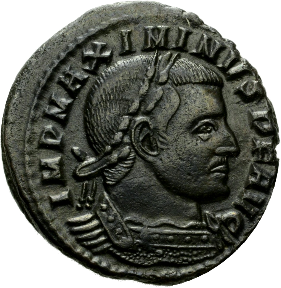 Constantine I obverse — Bust of Maximinus Daia, laureate, cuirassed, right