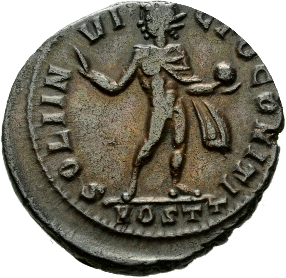 Constantine I reverse — Sol, chlamys hanging behind (occasionally flying out), standing left (or standing front, head left), raising right hand and holding up globe in left hand