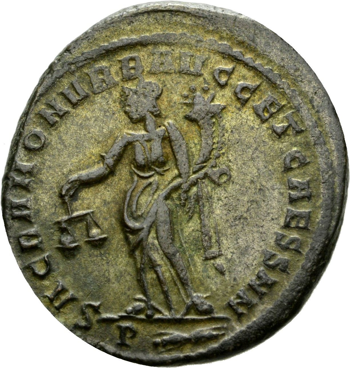 RIC VI Rome 100a Maximian reverse, Moneta, draped, standing left, holding scales in right hand and cornucopiae in left hand