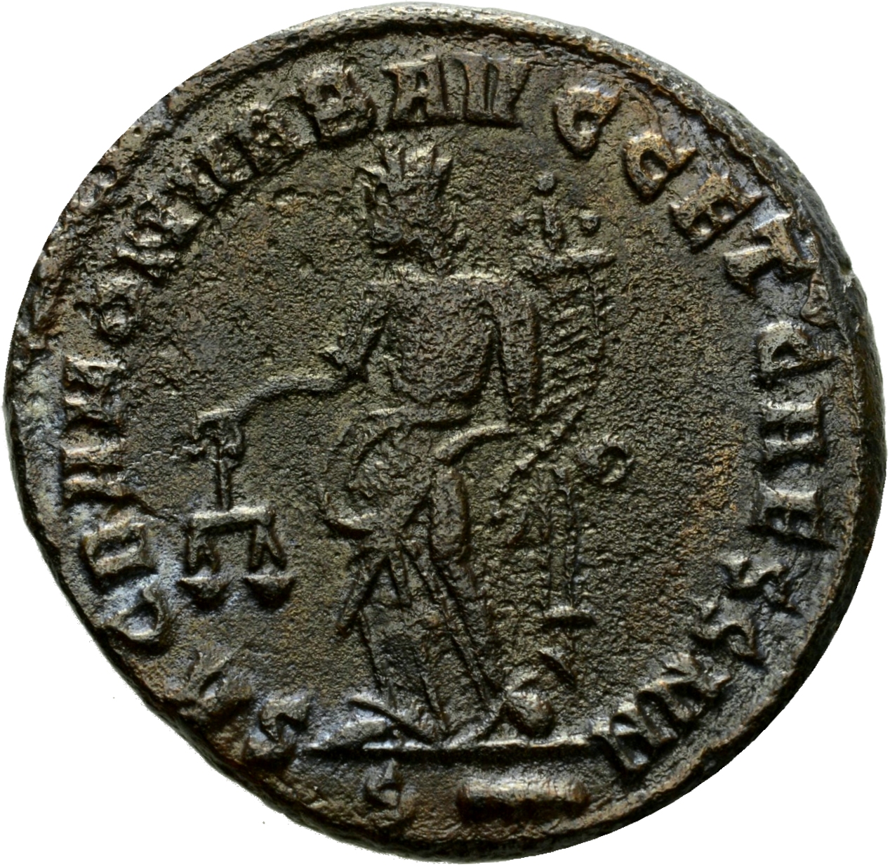RIC VI Rome 100b Maximian reverse, Moneta, draped, standing left, holding scales in right hand and cornucopiae in left hand