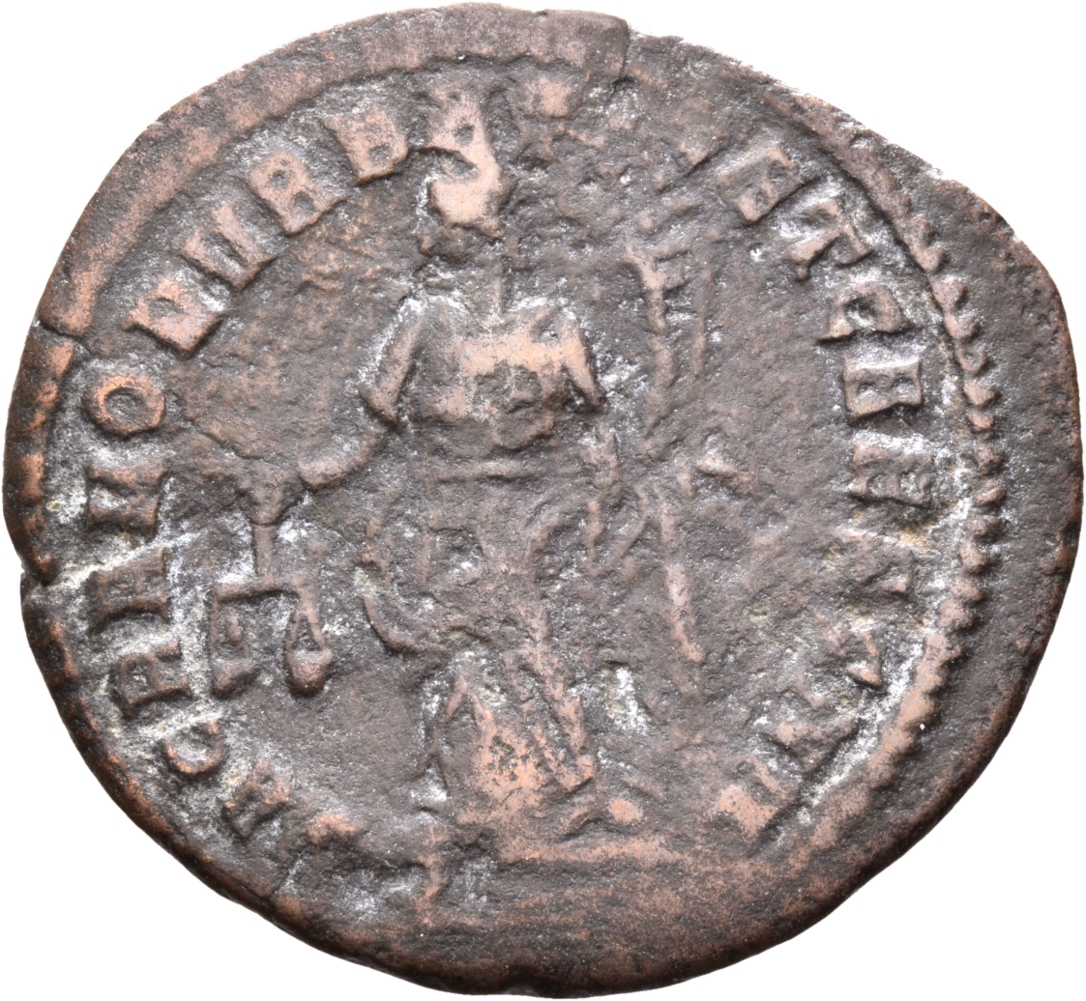 RIC VI Rome 102b Maximian reverse, Moneta, draped, standing left, holding scales in right hand and cornucopiae in left hand