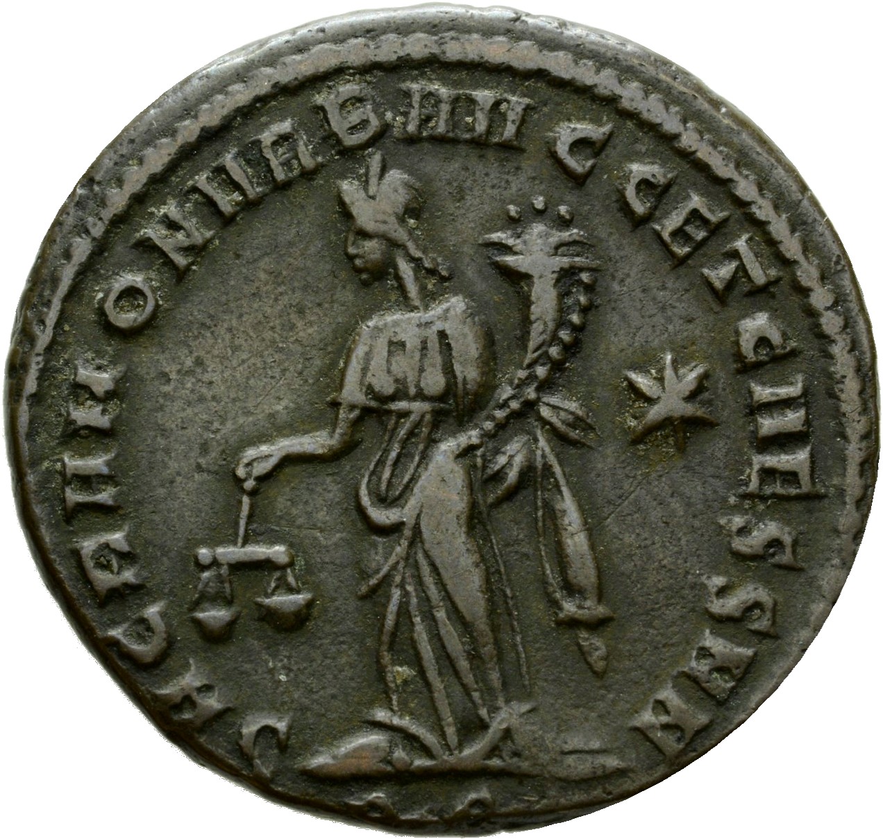 RIC VI Rome 103b Maximian reverse, Moneta, draped, standing left, holding scales in right hand and cornucopiae in left hand