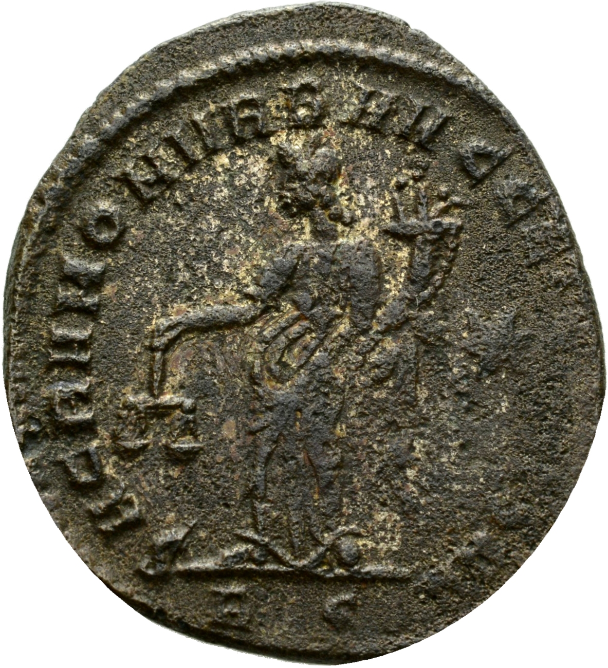 RIC VI Rome 103b Maximian reverse, Moneta, draped, standing left, holding scales in right hand and cornucopiae in left hand