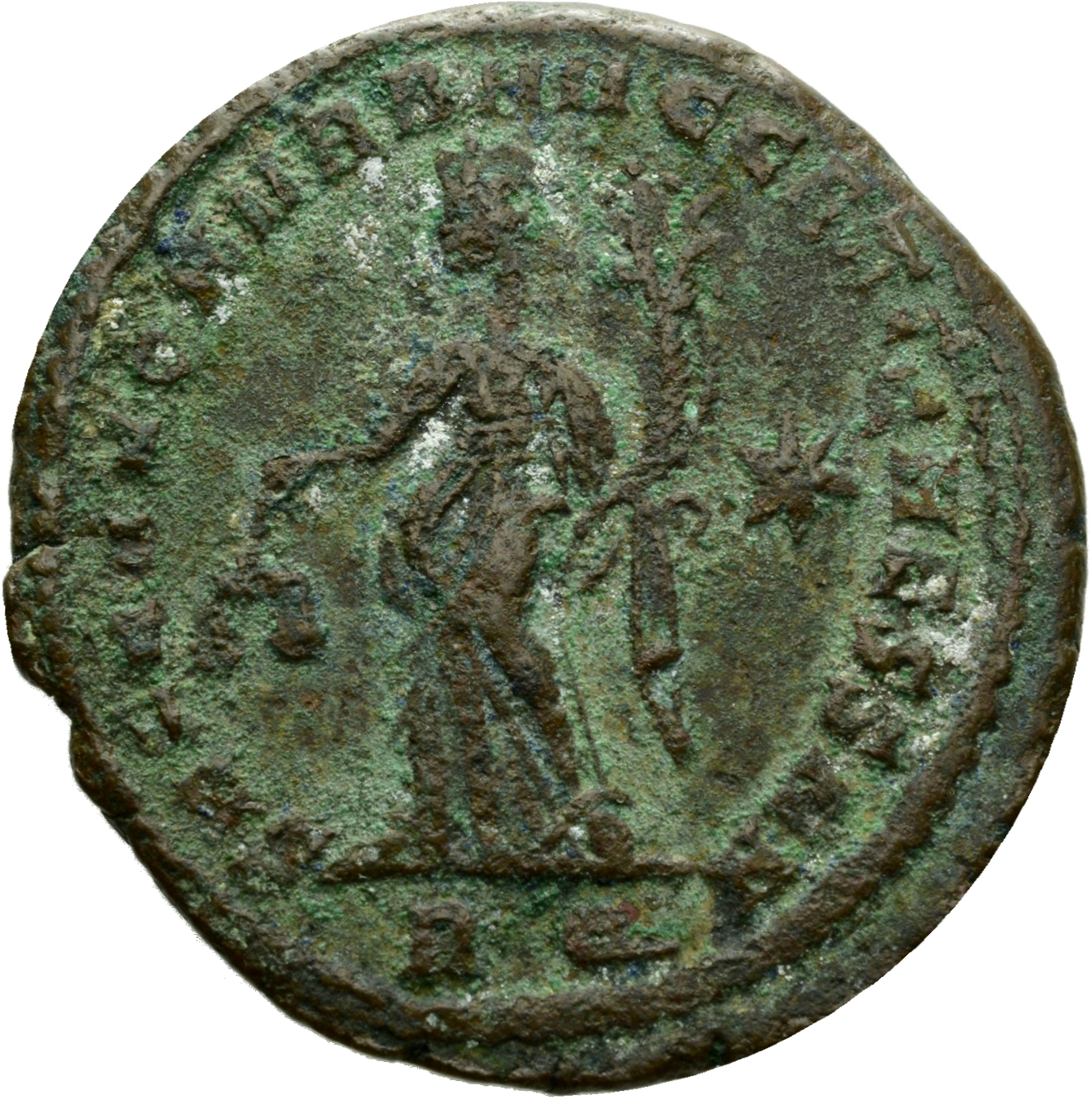 RIC VI Rome 104b Maximian reverse, Moneta, draped, standing left, holding scales in right hand and cornucopiae in left hand