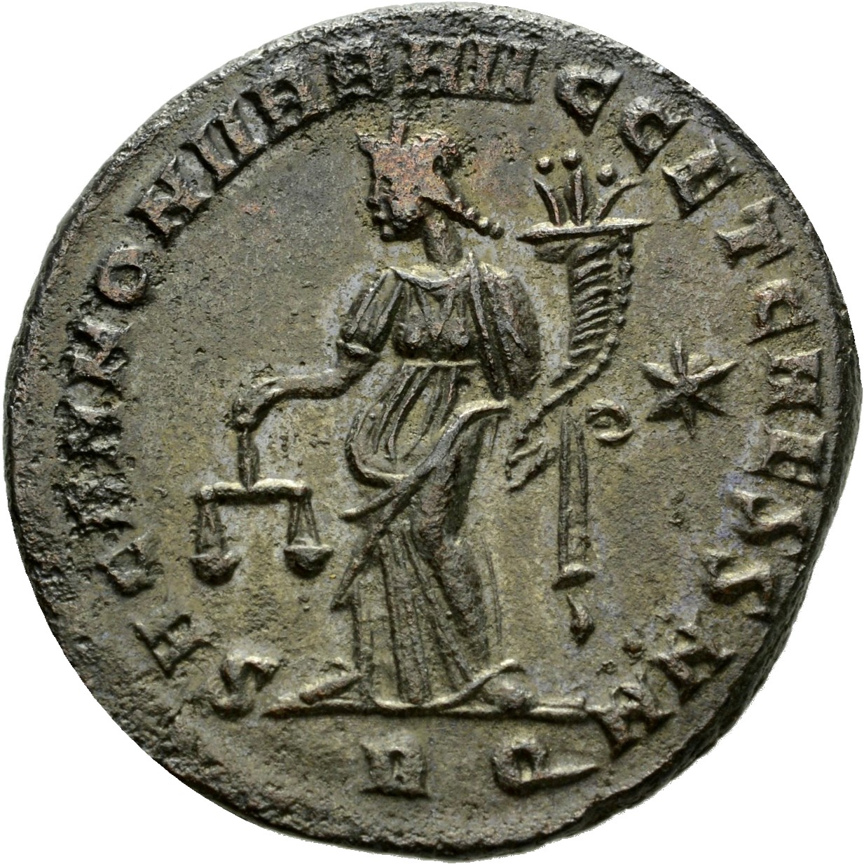 RIC VI Rome 104b Maximian reverse, Moneta, draped, standing left, holding scales in right hand and cornucopiae in left hand
