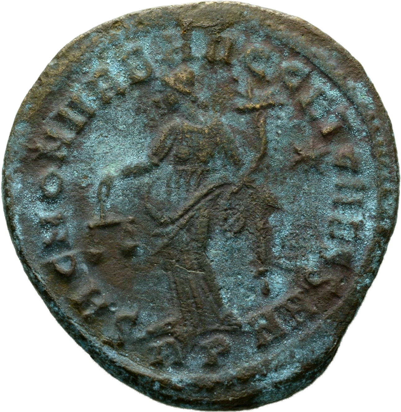 RIC VI Rome 105a Maximian reverse, Moneta, draped, standing left, holding scales in right hand and cornucopiae in left hand