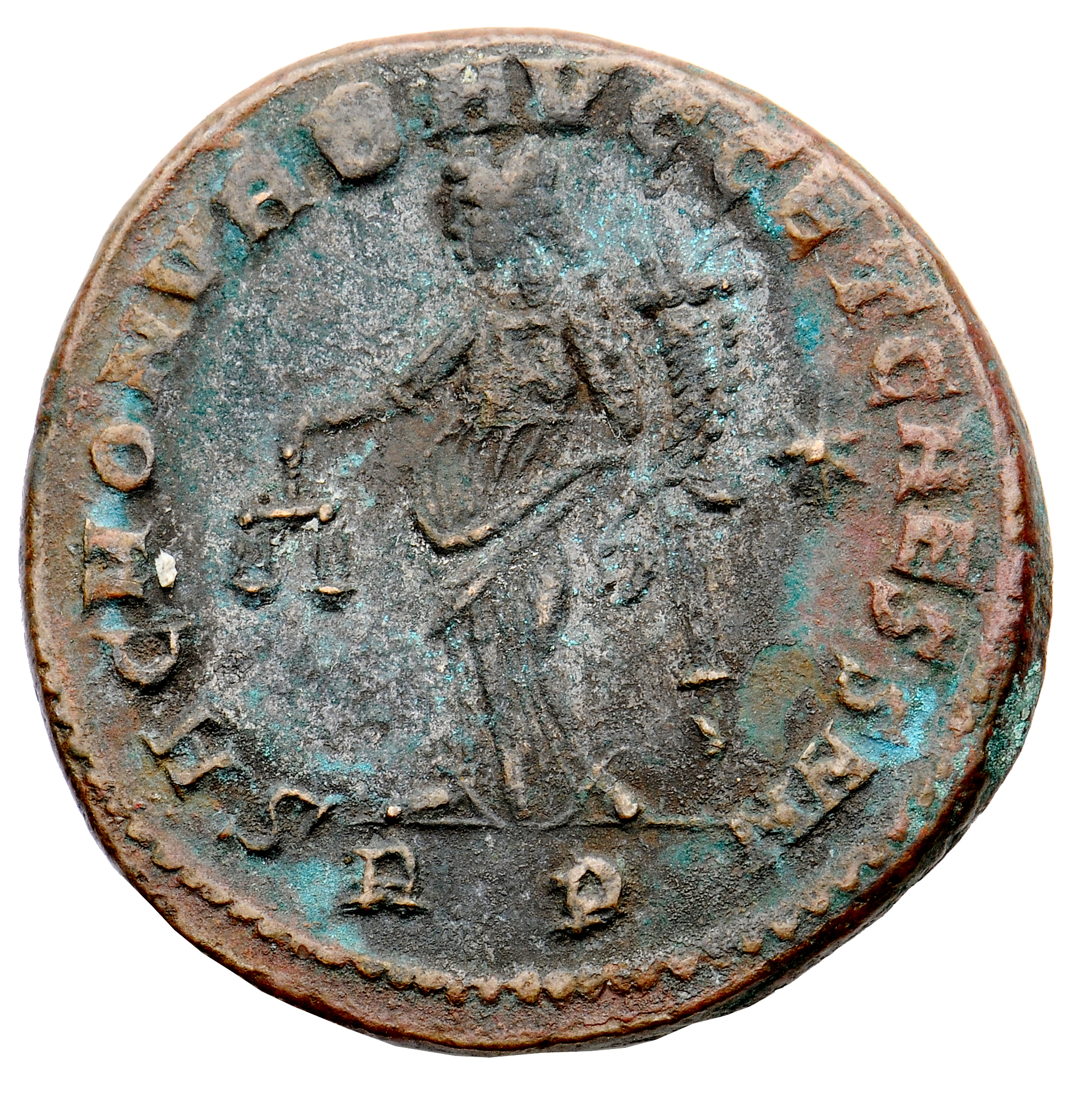 RIC VI Rome 105a Maximian reverse, Moneta, draped, standing left, holding scales in right hand and cornucopiae in left hand
