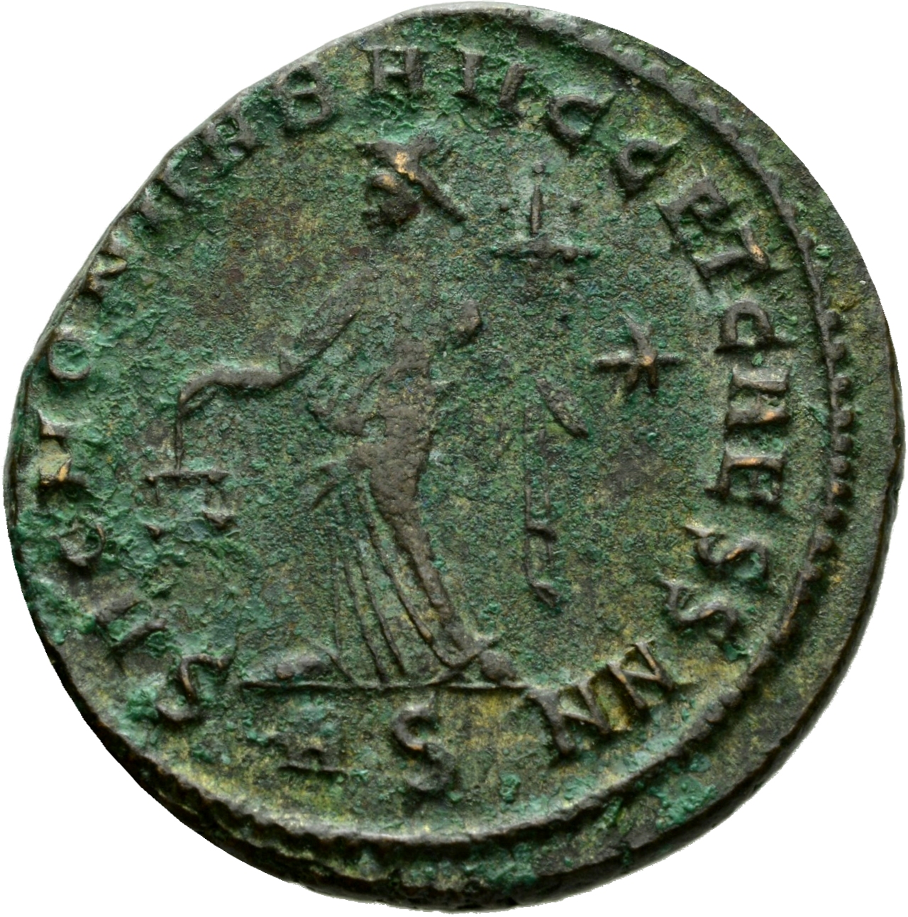 RIC VI Rome 105b Maximian reverse, Moneta, draped, standing left, holding scales in right hand and cornucopiae in left hand