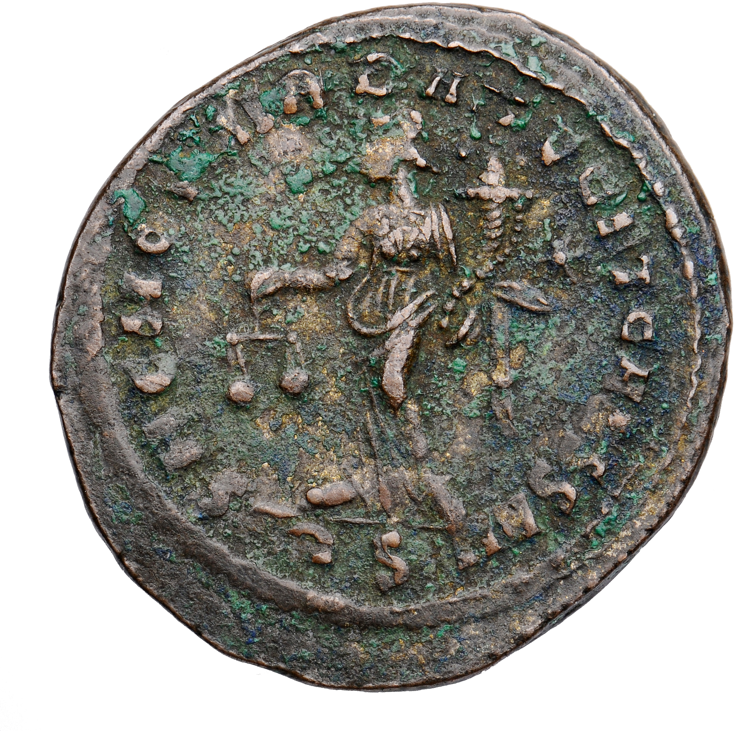 RIC VI Rome 105b Maximian reverse, Moneta, draped, standing left, holding scales in right hand and cornucopiae in left hand