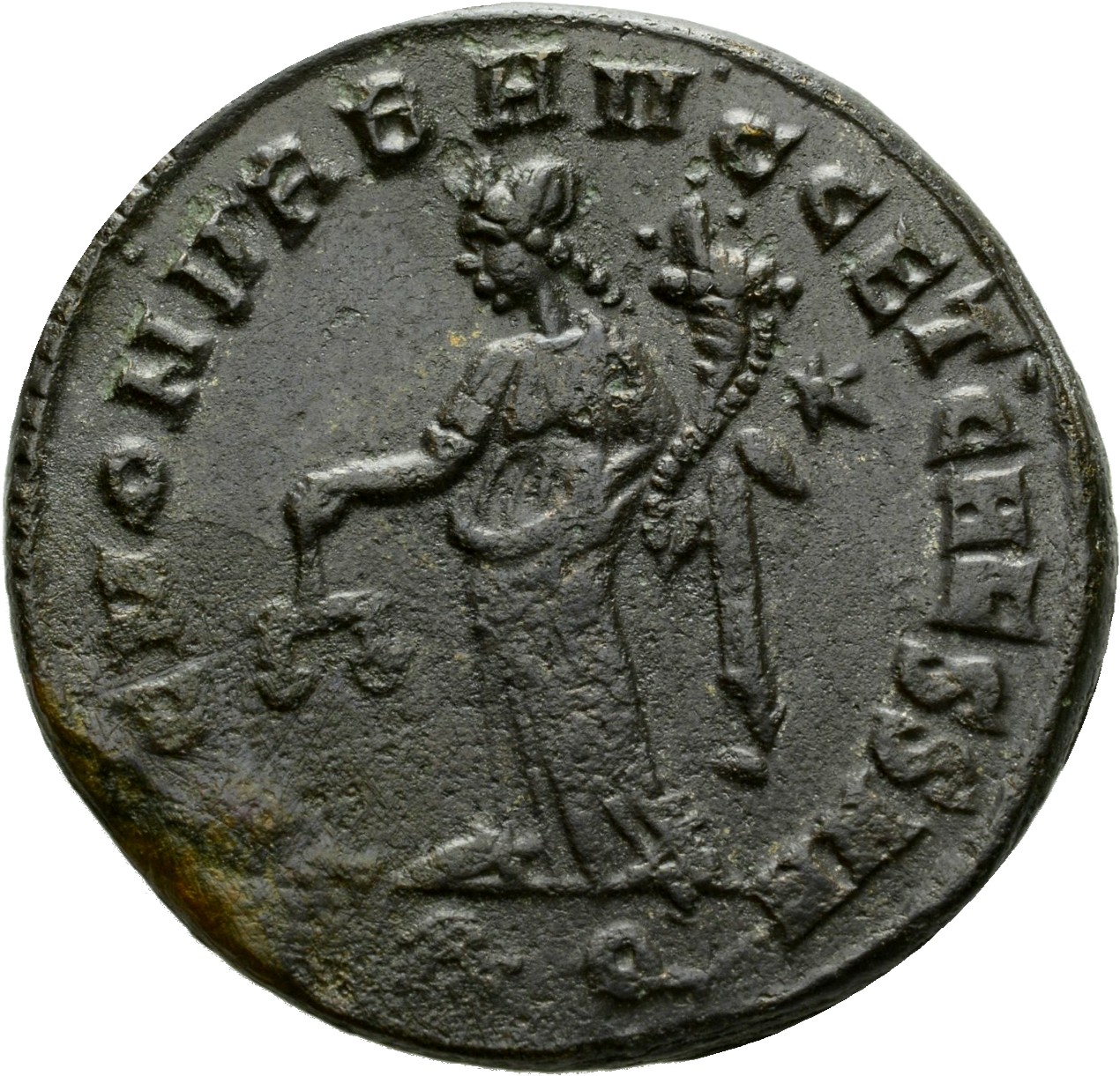 RIC VI Rome 106b Maximian reverse, Moneta, draped, standing left, holding scales in right hand and cornucopiae in left hand