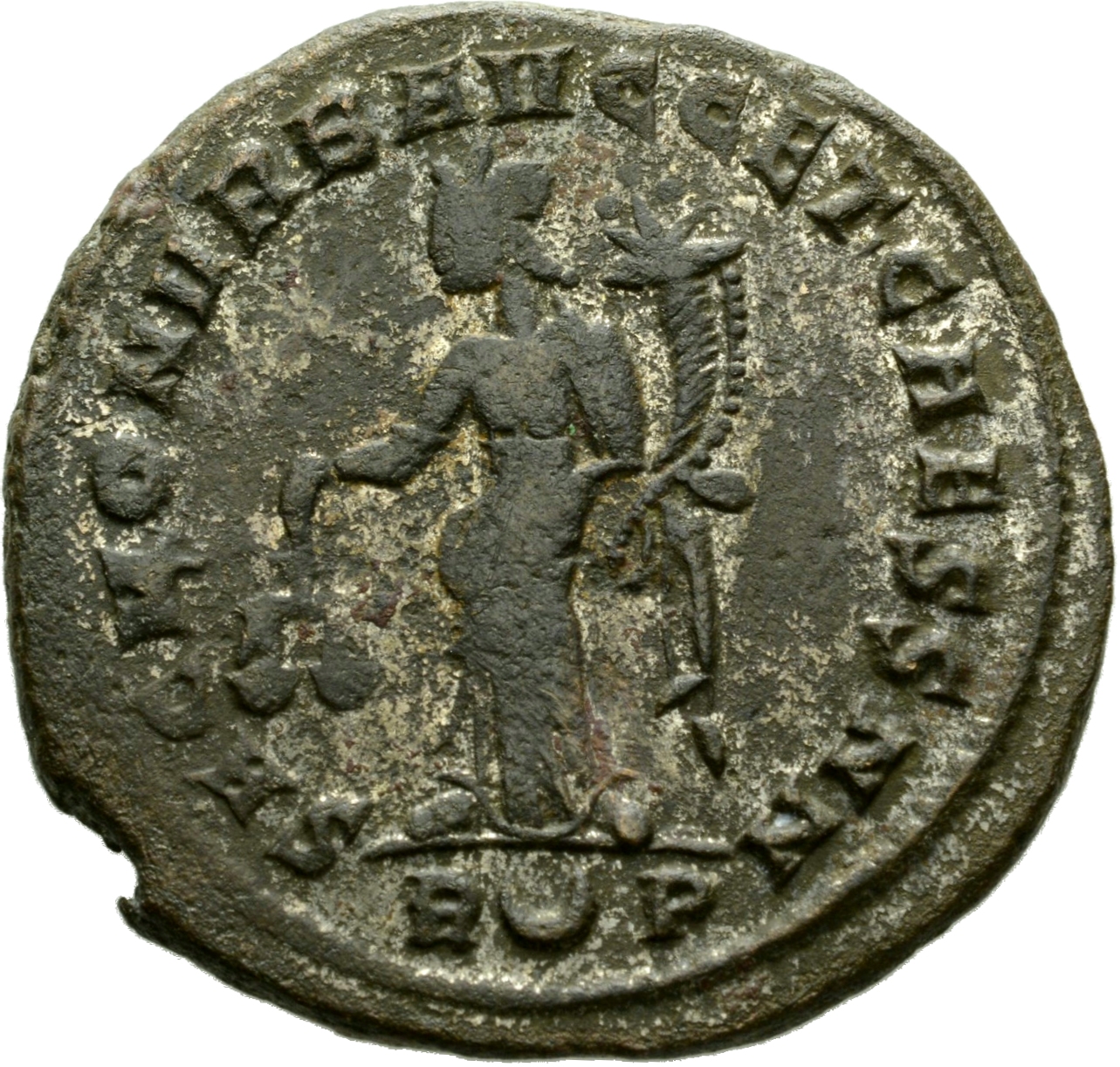 RIC VI Rome 111a Maximian reverse, Moneta, draped, standing left, holding scales in right hand and cornucopiae in left hand