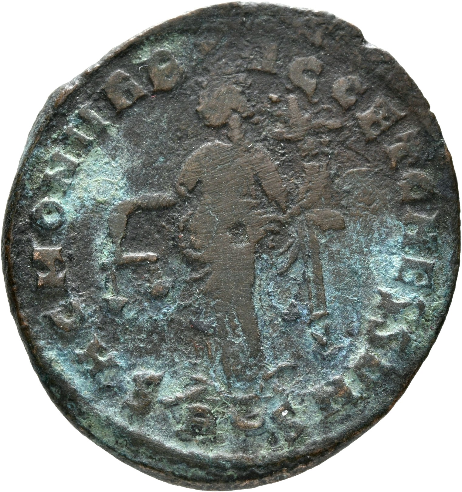 RIC VI Rome 111b Maximian reverse, Moneta, draped, standing left, holding scales in right hand and cornucopiae in left hand