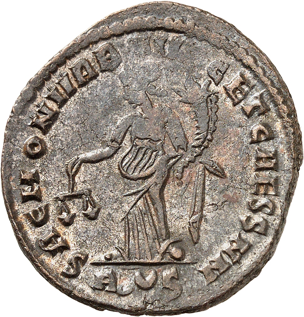 RIC VI Rome 111b Maximian reverse, Moneta, draped, standing left, holding scales in right hand and cornucopiae in left hand