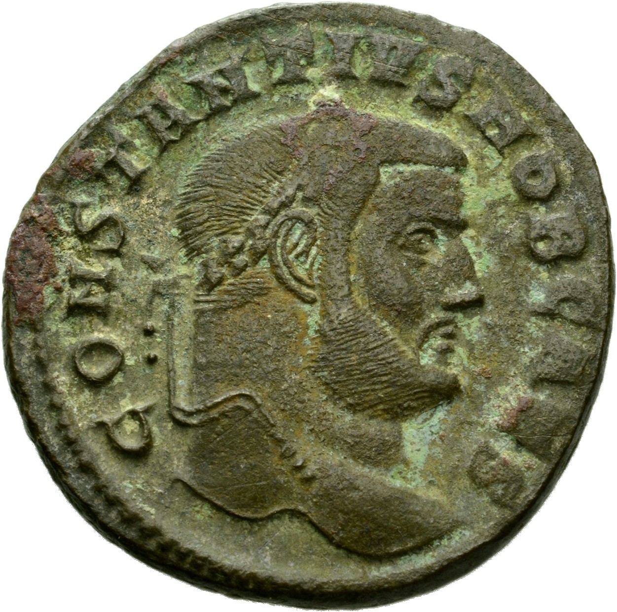 RIC VI Rome 112a Maximian obverse, Head of Constantius Chlorus, laureate, right