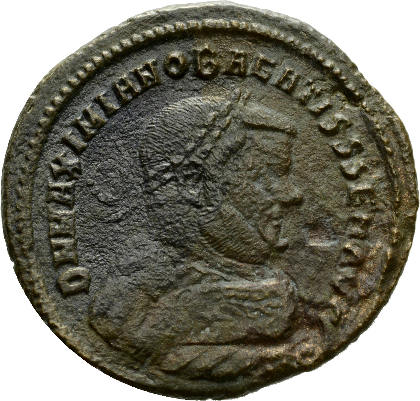 RIC VI Rome 116b Constantius Chlorus obverse, Bust of Maximian, laureate, wearing imperial mantle, right, holding olive br...