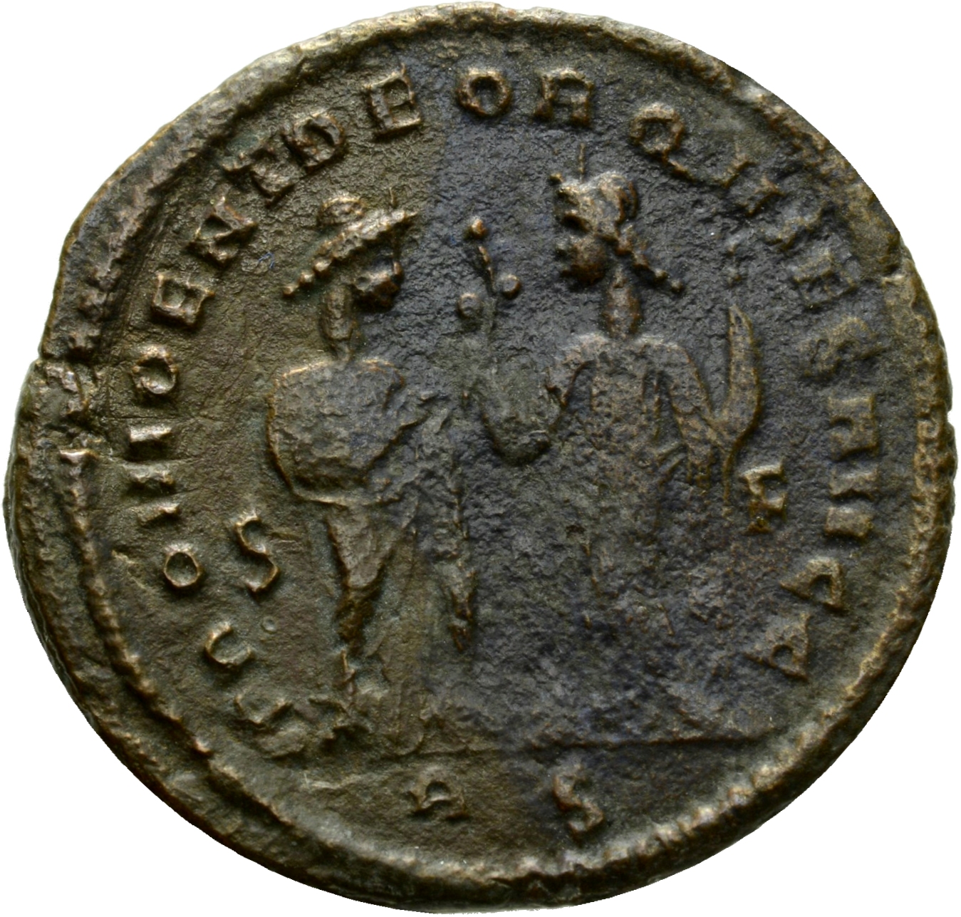 RIC VI Rome 116b Constantius Chlorus reverse, Providentia, draped, standing right, extending right hand to Quies; Quies, d...