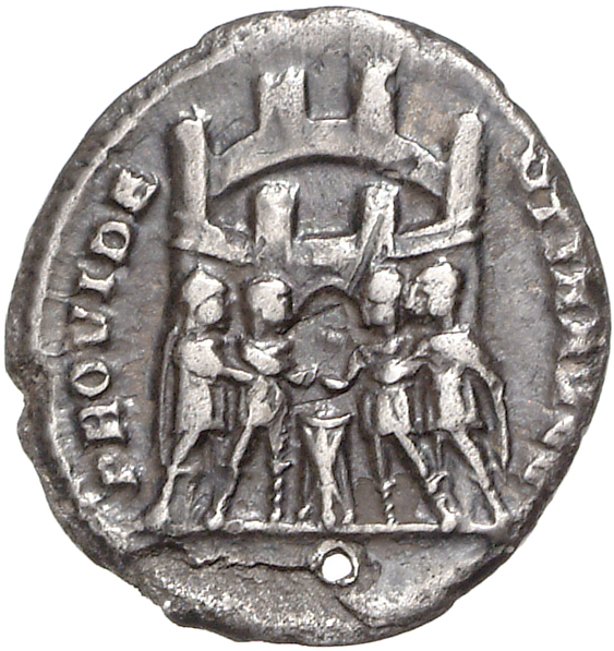 RIC VI Rome 11a Maximian reverse, Diocletian, Maximian, Constantius Chlorus, and Galerius, draped, sacrificing over tripod...