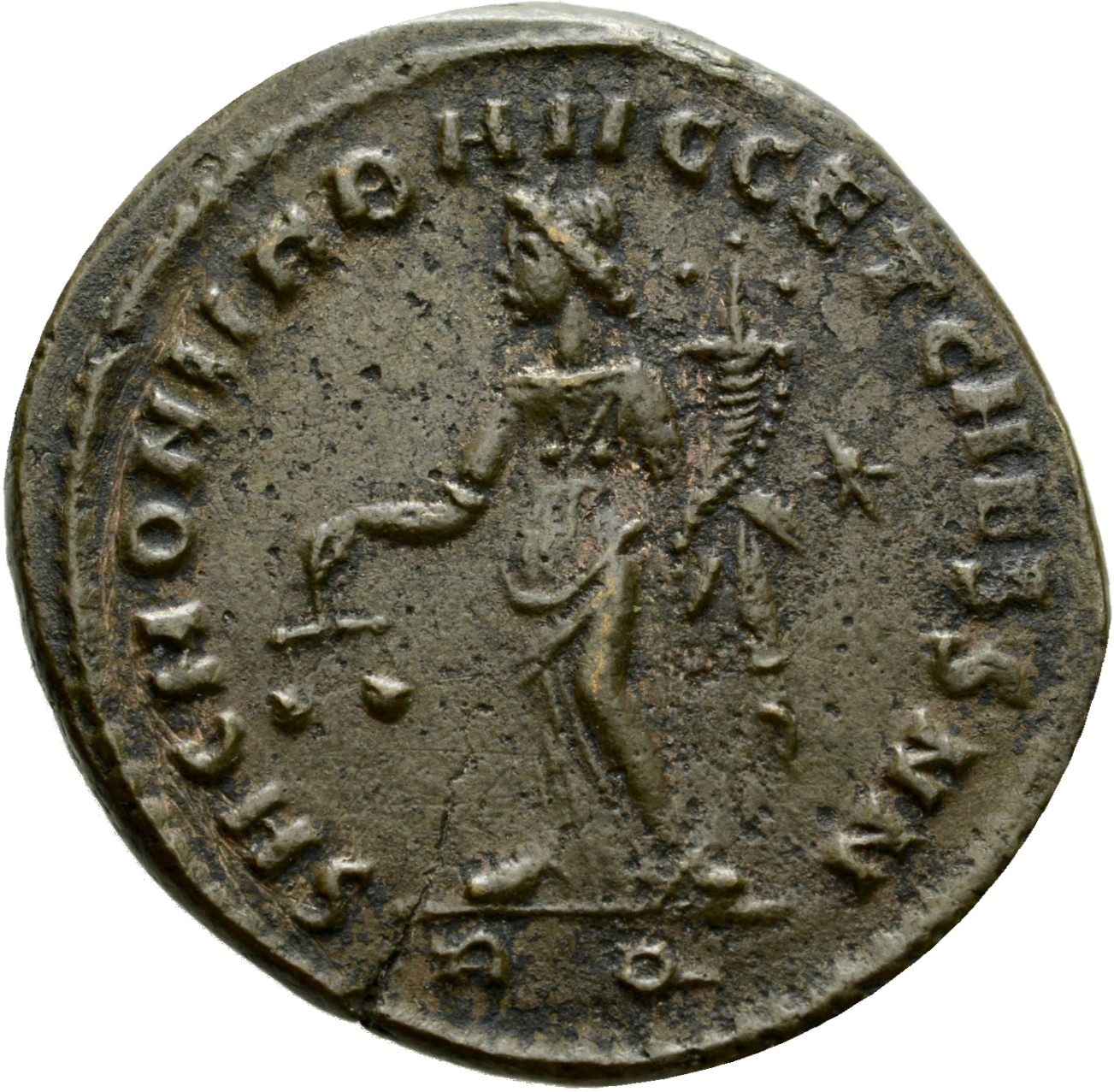 RIC VI Rome 123b Constantius Chlorus reverse, Moneta, draped, standing left, holding scales in right hand and cornucopiae ...