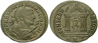 RIC VI Rome 125 Constantius Chlorus obverse, Bust of Severus II, laureate, draped, cuirassed, right