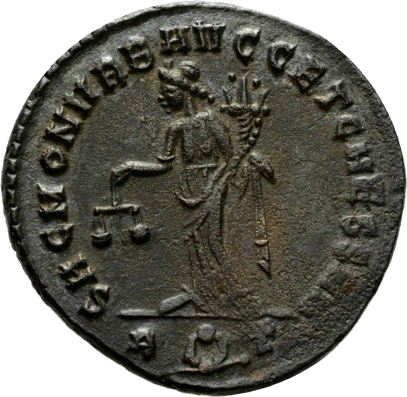 RIC VI Rome 133b Constantius Chlorus reverse, Moneta, draped, standing left, holding scales in right hand and cornucopiae ...