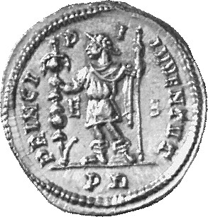 RIC VI Rome 141 Maxentius reverse, Constantine I, draped, cuirassed, standing left, holding standard in right hand and lea...