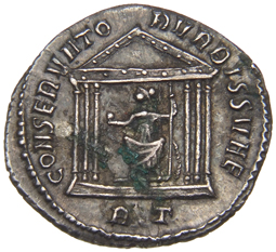 RIC VI Rome 187 Maxentius reverse, Roma, helmeted, draped, seated front, head left, seated front in hexastyle temple, hold...