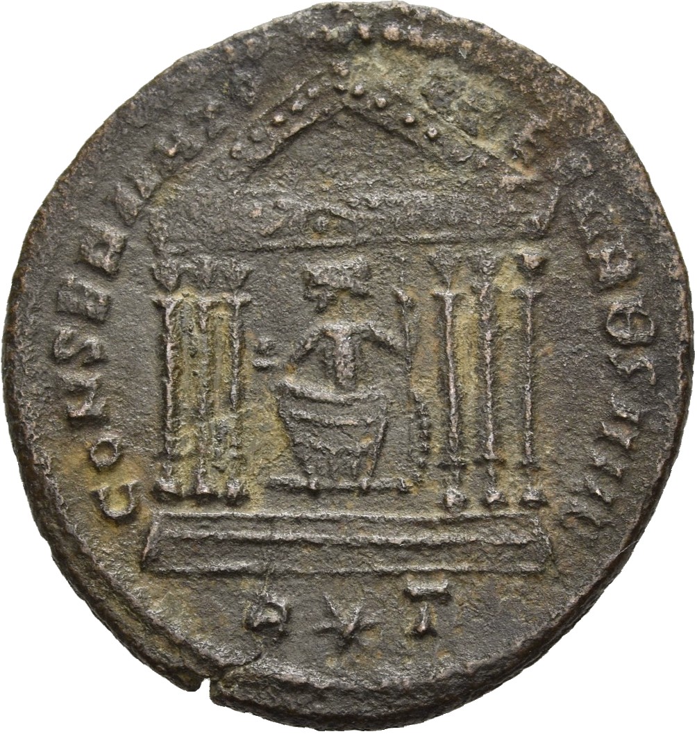 RIC VI Rome 194a Maxentius reverse, Roma, helmeted, draped, seated front, head left, seated front in hexastyle temple, hol...