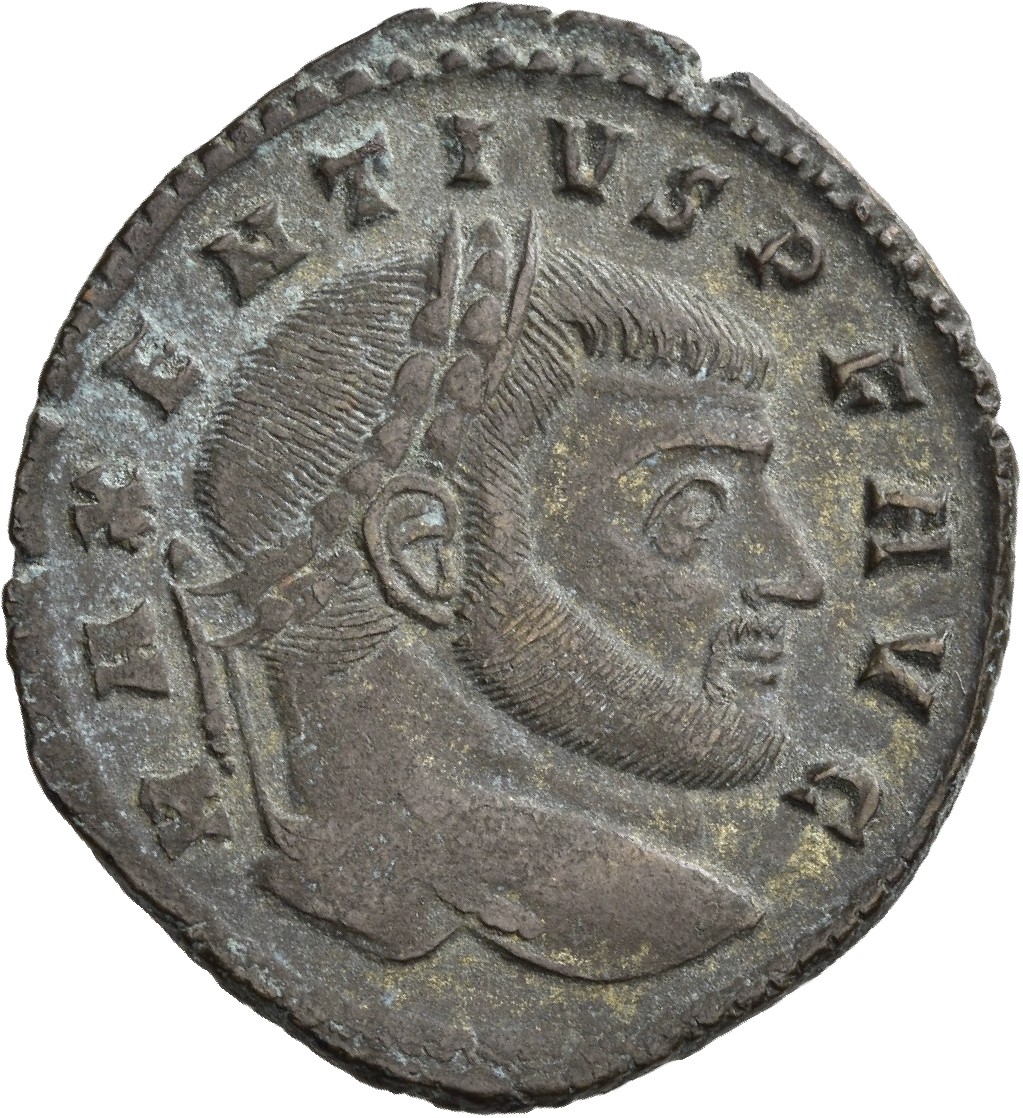 RIC VI Rome 195 Maxentius obverse, Head of Maxentius, laureate, right