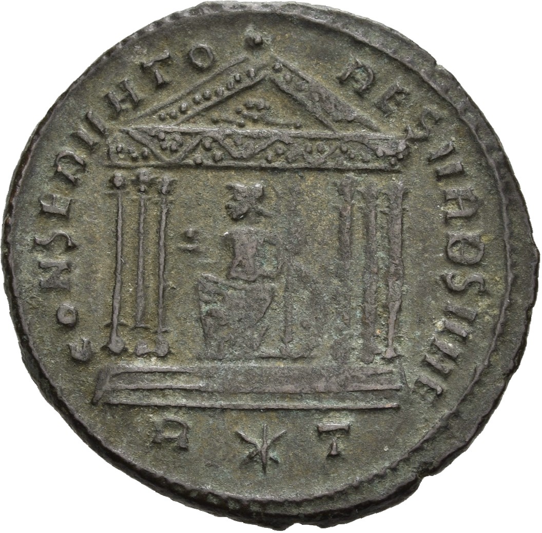 RIC VI Rome 199 Maxentius reverse, Roma, helmeted, draped, seated front, head left, seated front in hexastyle temple, hold...