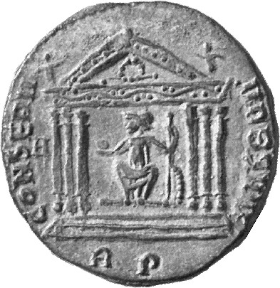RIC VI Rome 202a Maxentius reverse, Roma, helmeted, draped, seated front, head left, seated front in hexastyle temple, hol...