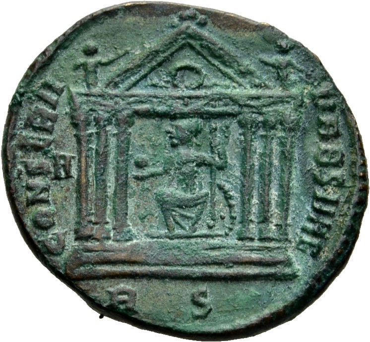 RIC VI Rome 202a Maxentius reverse — Roma, helmeted, draped, seated front, head left, seated front in hexastyle temple, ho...